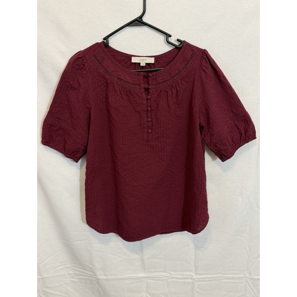 Loft Burgundy Maroon Puff Sleeve Cotton Peasant Boho Prairie Blouse Size S